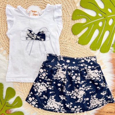 Conj. Regata Laço e Short Saia Floral - Branco e Marinho